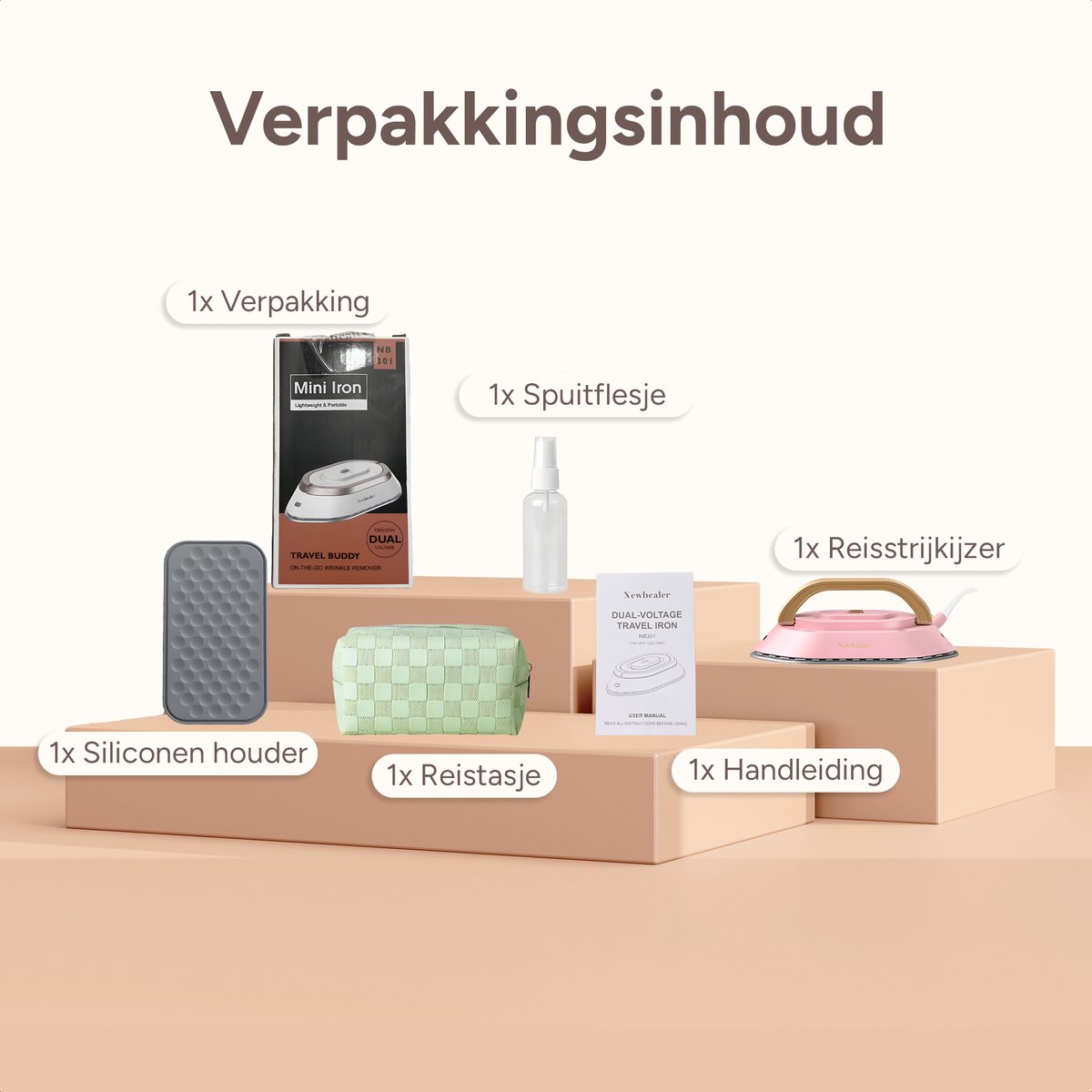 Newbealer Reisstrijkijzer Dual Voltage Mini Roze/Goud