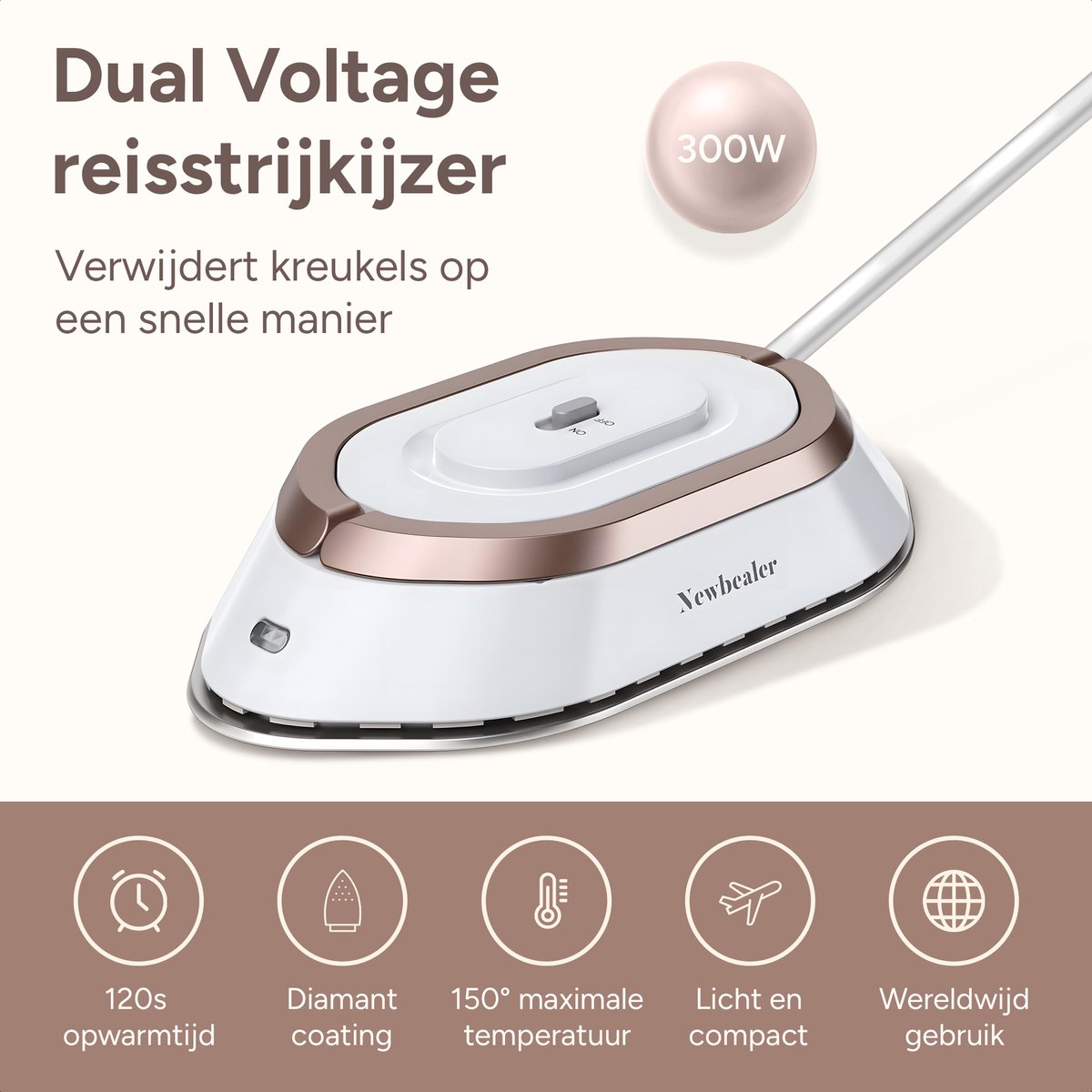 Newbealer Reisstrijkijzer Mini Dual Voltage Wit/Goud