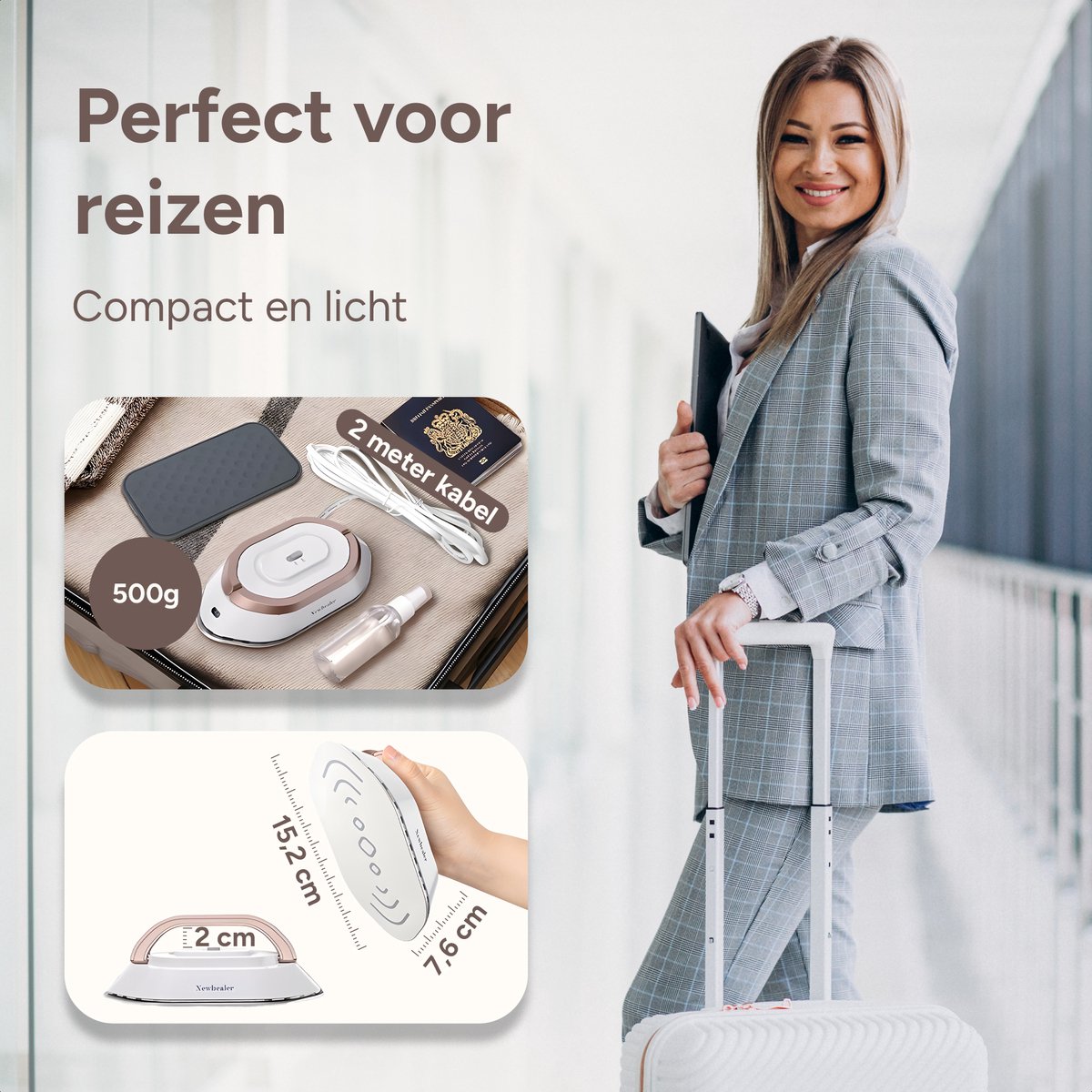 Newbealer Reisstrijkijzer Mini Dual Voltage Wit/Goud