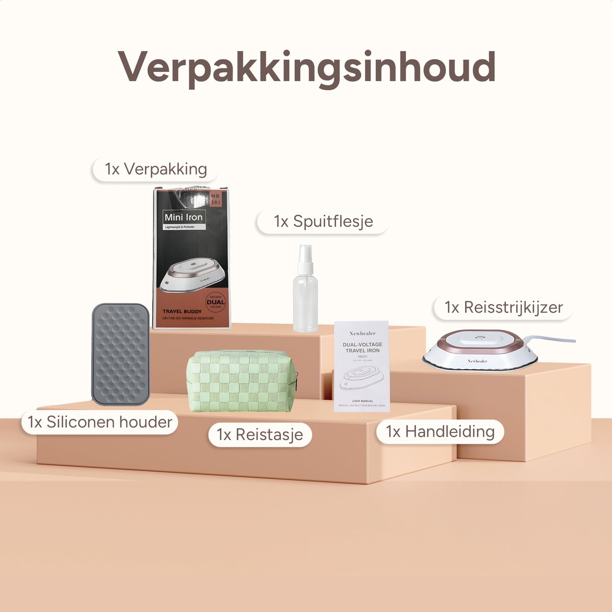 Newbealer Reisstrijkijzer Mini Dual Voltage Wit/Goud