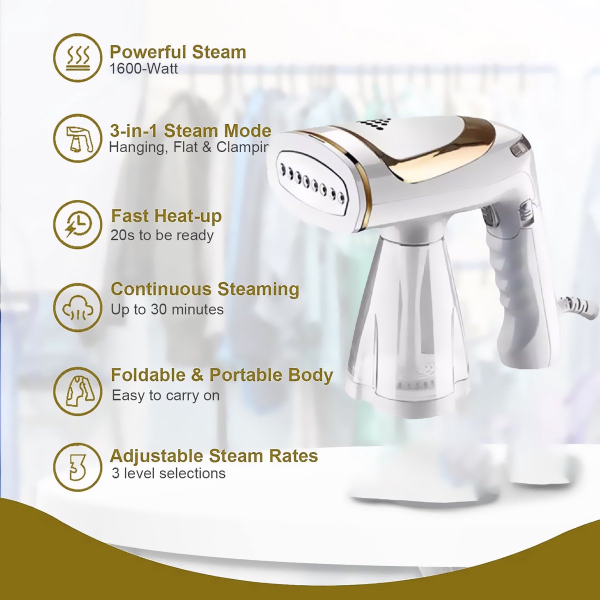 Reis Stoomapparaat 1600W met 3 Instellingen en Waterreservoir 250ml