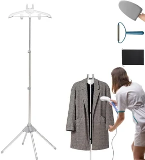 SnelShoppen - Kledinghanger voor Kledingstomer - Handheld Kledingstomerstandaard met Ophanghandschoen, Pluisroller en Telescopisch Statief - Grijs - P