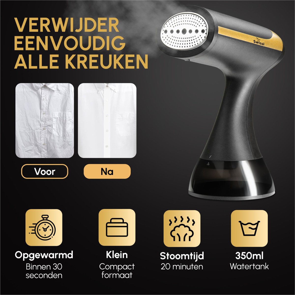 Wat vinden we goed aan de Swissl Handstomer Kledingstomer 1500W 350ml