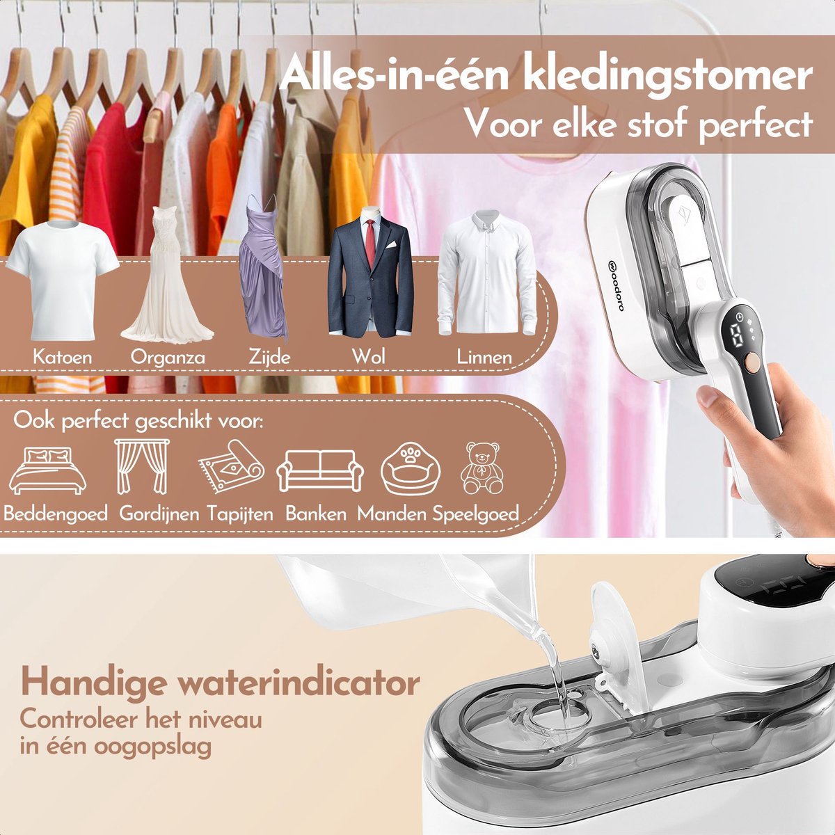 Woodoro Krachtige Kledingstomer 2-in-1 Handstomer & Strijkijzer 2000W