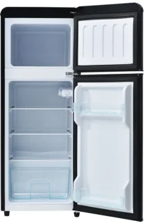 Retro koelkast. Koel-vriescombinatie, 105,5 cm hoog, 41 cm breed, twee deuren, met een totaal volume van 92 liter, vriesvolume van 28 liter. Deurvakken en glazen planken. 116 kWh/jaar, -27 °C ~13 °C, ledverlichting, zwart