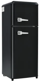 Retro koelkast. Koel-vriescombinatie, 105,5 cm hoog, 41 cm breed, twee deuren, met een totaal volume van 92 liter, vriesvolume van 28 liter. Deurvakken en glazen planken. 116 kWh/jaar, -27 °C ~13 °C, ledverlichting, zwart