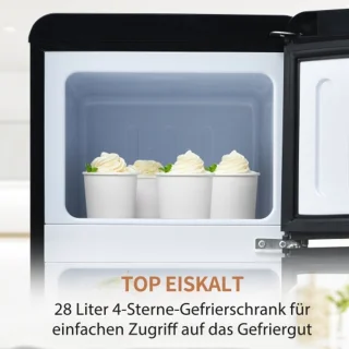 Retro koelkast. Koel-vriescombinatie, 105,5 cm hoog, 41 cm breed, twee deuren, met een totaal volume van 92 liter, vriesvolume van 28 liter. Deurvakken en glazen planken. 116 kWh/jaar, -27 °C ~13 °C, ledverlichting, zwart