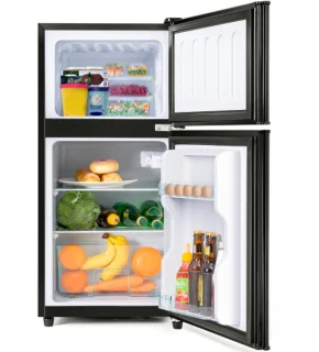 Koel-vriescombinatie, 86,8 cm hoog, 45,5 cm breed, dubbele deur, met een totaal volume van 60 liter, 22 liter vriesvolume, 38 liter koelvolume. 102 kWh/jaar, ledverlichting. Premium zwart [energieklasse E]