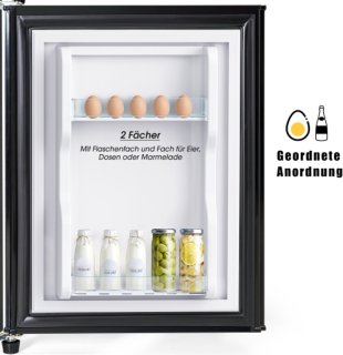 Wat vinden we goed aan de Koel-vriescombinatie, 86,8 cm hoog, 45,5 cm breed, dubbele deur, met een totaal volume van 60 liter, 22 liter vriesvolume, 38 liter koelvolume. 102 kWh/jaar, ledverlichting. Premium zwart [energieklasse E]