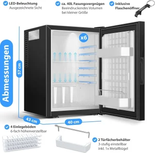 Mini-koelkast met slot en glazen front, 40 liter stille tafelkoelkast met temperatuurregeling