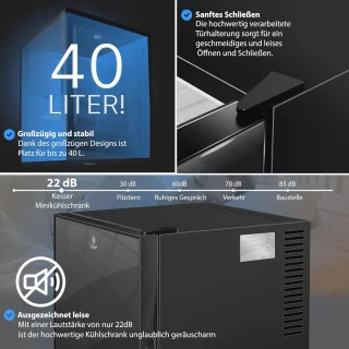 Mini-koelkast met slot en glazen front, 40 liter stille tafelkoelkast met temperatuurregeling