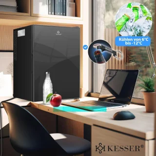 Mini-koelkast met slot en glazen front, 40 liter stille tafelkoelkast met temperatuurregeling