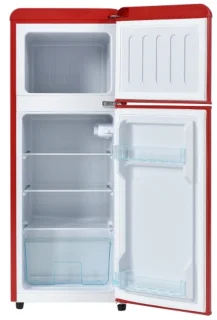 Retro koelkast. Koel-vriescombinatie, 105,5 cm hoog, 41 cm breed, twee deuren, met een totaal volume van 92 liter, vriesvolume van 28 liter. Deurvakken en glazen planken. 116 kWh/jaar, -27 °C ~13 °C, ledverlichting, rood