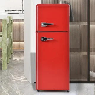 Retro koelkast. Koel-vriescombinatie, 105,5 cm hoog, 41 cm breed, twee deuren, met een totaal volume van 92 liter, vriesvolume van 28 liter. Deurvakken en glazen planken. 116 kWh/jaar, -27 °C ~13 °C, ledverlichting, rood