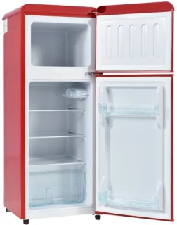 Retro koelkast. Koel-vriescombinatie, 105,5 cm hoog, 41 cm breed, twee deuren, met een totaal volume van 92 liter, vriesvolume van 28 liter. Deurvakken en glazen planken. 116 kWh/jaar, -27 °C ~13 °C, ledverlichting, rood