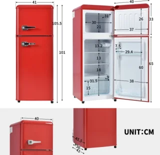 Retro koelkast. Koel-vriescombinatie, 105,5 cm hoog, 41 cm breed, twee deuren, met een totaal volume van 92 liter, vriesvolume van 28 liter. Deurvakken en glazen planken. 116 kWh/jaar, -27 °C ~13 °C, ledverlichting, rood
