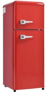 Retro koelkast. Koel-vriescombinatie, 105,5 cm hoog, 41 cm breed, twee deuren, met een totaal volume van 92 liter, vriesvolume van 28 liter. Deurvakken en glazen planken. 116 kWh/jaar, -27 °C ~13 °C, ledverlichting, rood