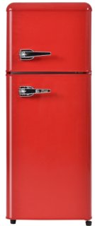 Wat vinden we goed aan de Retro koelkast. Koel-vriescombinatie, 105,5 cm hoog, 41 cm breed, twee deuren, met een totaal volume van 92 liter, vriesvolume van 28 liter. Deurvakken en glazen planken. 116 kWh/jaar, -27 °C ~13 °C, ledverlichting, rood