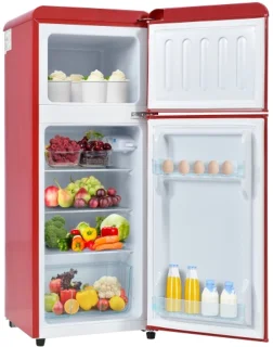 Retro koelkast. Koel-vriescombinatie, 105,5 cm hoog, 41 cm breed, twee deuren, met een totaal volume van 92 liter, vriesvolume van 28 liter. Deurvakken en glazen planken. 116 kWh/jaar, -27 °C ~13 °C, ledverlichting, rood