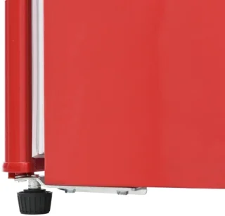 Retro koelkast. Koel-vriescombinatie, 105,5 cm hoog, 41 cm breed, twee deuren, met een totaal volume van 92 liter, vriesvolume van 28 liter. Deurvakken en glazen planken. 116 kWh/jaar, -27 °C ~13 °C, ledverlichting, rood