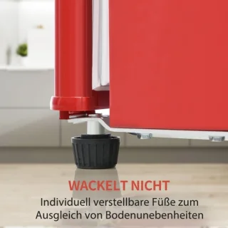 Retro koelkast. Koel-vriescombinatie, 105,5 cm hoog, 41 cm breed, twee deuren, met een totaal volume van 92 liter, vriesvolume van 28 liter. Deurvakken en glazen planken. 116 kWh/jaar, -27 °C ~13 °C, ledverlichting, rood