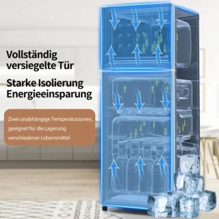 Retro koelkast. Koel-vriescombinatie, 105,5 cm hoog, 41 cm breed, twee deuren, met een totaal volume van 92 liter, vriesvolume van 28 liter. Deurvakken en glazen planken. 116 kWh/jaar, -27 °C ~13 °C, ledverlichting, wit