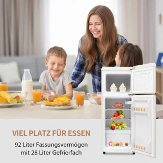 Retro koelkast. Koel-vriescombinatie, 105,5 cm hoog, 41 cm breed, twee deuren, met een totaal volume van 92 liter, vriesvolume van 28 liter. Deurvakken en glazen planken. 116 kWh/jaar, -27 °C ~13 °C, ledverlichting, wit