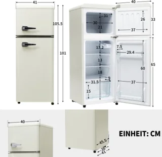 Retro koelkast. Koel-vriescombinatie, 105,5 cm hoog, 41 cm breed, twee deuren, met een totaal volume van 92 liter, vriesvolume van 28 liter. Deurvakken en glazen planken. 116 kWh/jaar, -27 °C ~13 °C, ledverlichting, wit