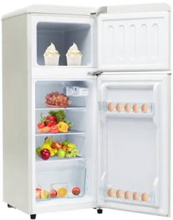 Retro koelkast. Koel-vriescombinatie, 105,5 cm hoog, 41 cm breed, twee deuren, met een totaal volume van 92 liter, vriesvolume van 28 liter. Deurvakken en glazen planken. 116 kWh/jaar, -27 °C ~13 °C, ledverlichting, wit