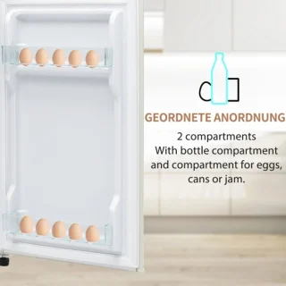 Retro koelkast. Koel-vriescombinatie, 105,5 cm hoog, 41 cm breed, twee deuren, met een totaal volume van 92 liter, vriesvolume van 28 liter. Deurvakken en glazen planken. 116 kWh/jaar, -27 °C ~13 °C, ledverlichting, wit