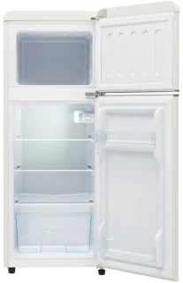 Retro koelkast. Koel-vriescombinatie, 105,5 cm hoog, 41 cm breed, twee deuren, met een totaal volume van 92 liter, vriesvolume van 28 liter. Deurvakken en glazen planken. 116 kWh/jaar, -27 °C ~13 °C, ledverlichting, wit