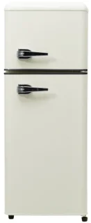 Retro koelkast. Koel-vriescombinatie, 105,5 cm hoog, 41 cm breed, twee deuren, met een totaal volume van 92 liter, vriesvolume van 28 liter. Deurvakken en glazen planken. 116 kWh/jaar, -27 °C ~13 °C, ledverlichting, wit
