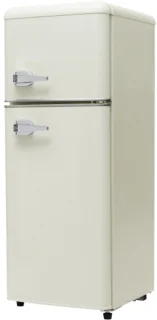 Retro koelkast. Koel-vriescombinatie, 105,5 cm hoog, 41 cm breed, twee deuren, met een totaal volume van 92 liter, vriesvolume van 28 liter. Deurvakken en glazen planken. 116 kWh/jaar, -27 °C ~13 °C, ledverlichting, wit