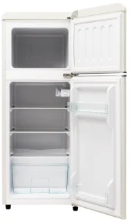 Retro koelkast. Koel-vriescombinatie, 105,5 cm hoog, 41 cm breed, twee deuren, met een totaal volume van 92 liter, vriesvolume van 28 liter. Deurvakken en glazen planken. 116 kWh/jaar, -27 °C ~13 °C, ledverlichting, wit
