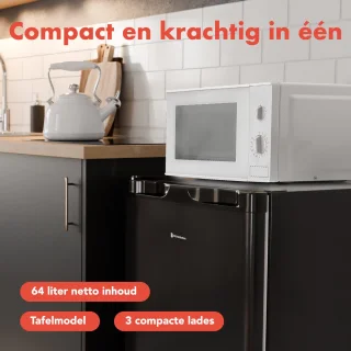 KitchenBrothers Vriezer - 64L - Compact Tafelmodel - 3 Vrieslades - Diepvrieskast - Vrijstaand - Zwart