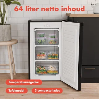 KitchenBrothers Vriezer - 64L - Compact Tafelmodel - 3 Vrieslades - Diepvrieskast - Vrijstaand - Zwart