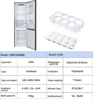 CHiQ CBM250NEBD Koel-Vriescombinatie 250L