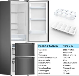 CHiQ CID282NEIBE Koel-vriescombinatie 282L 3-deurs