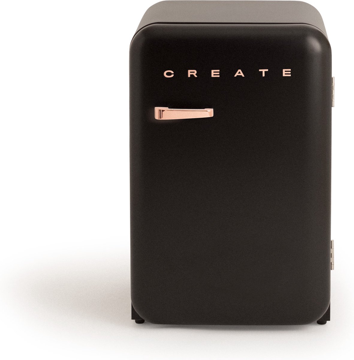 De CREATE RETRO FRIDGE Koel- en vriescombinatie 107L Zwart Rosegold in één oogopslag