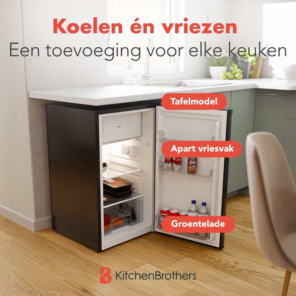KitchenBrothers Koelvriescombinatie 88L Zwart