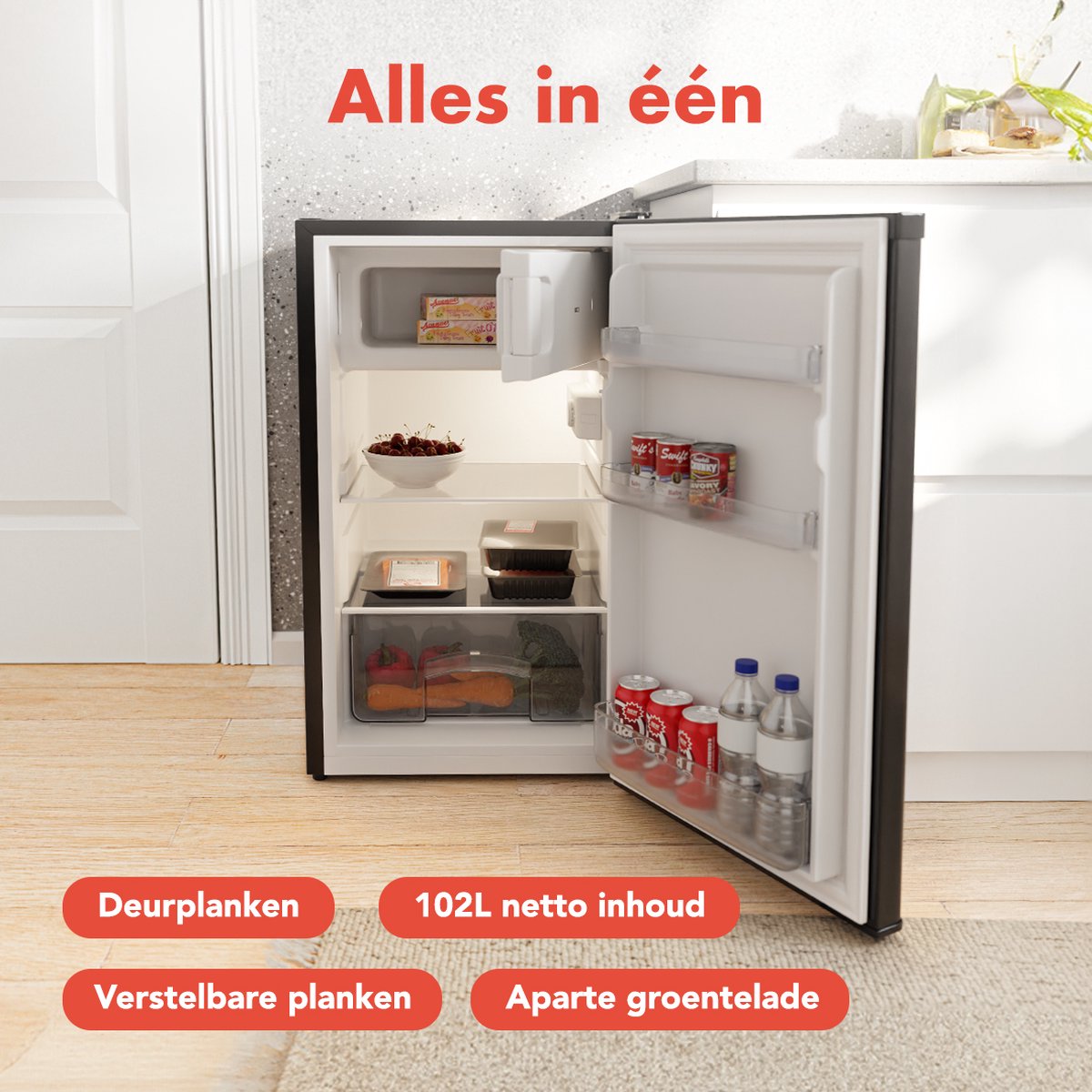 KitchenBrothers Koelvriescombinatie 88L Zwart