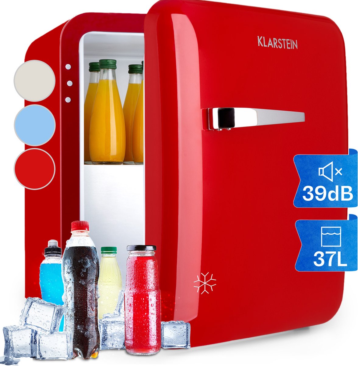 De Klarstein Audrey Mini 2-in-1 Mini koelkast 37L Rood in één oogopslag