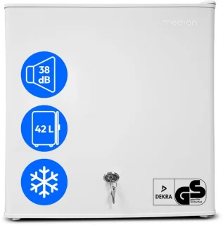 MEDION Mini koelkast met slot en vriesvak 42 L, stille kleine koelkast voor kantoor hotel minibar camping gaming, drank voedsel ijs, deur omkeerbaar, MD 370001 wit