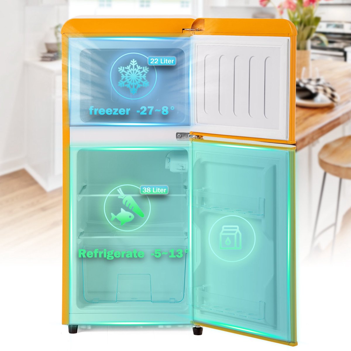 Merax Retro Mini Koelkast 60L Geel