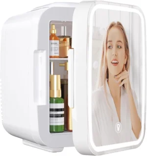 Mini koelkast met LED-spiegel 4L – Draagbare thermo-elektrische skincare fridge – 220V/12V – Wit