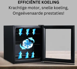 Minibar 48L Mini Koelkast Glazen Deur Ultra Zwart