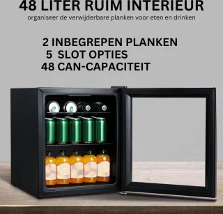 Minibar 48L Mini Koelkast Glazen Deur Ultra Zwart