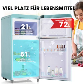 Retro koelkast dubbele deur 72L met vriesvak LED energieklasse E