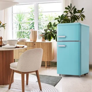 Retro koelkast dubbele deur 72L met vriesvak LED energieklasse E
