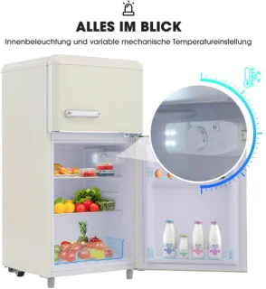 Retro koelkast dubbele deur 72L met vriezer 21L energieklasse E